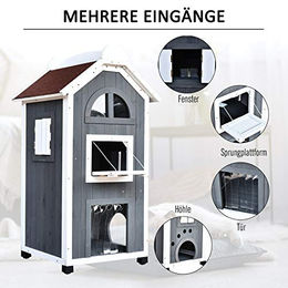 PawHut Katzenhaus für draußen aus Tannenholz mit 2 Stockwerken und wetterfestem Asphaltdach in Grau 59 x 55 x 109 cm – Bild 1 von 13