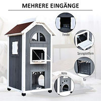 Produktbild von PawHut Katzenhaus für draußen aus Tannenholz mit 2 Stockwerken und wetterfestem Asphaltdach in Grau 59 x 55 x 109 cm