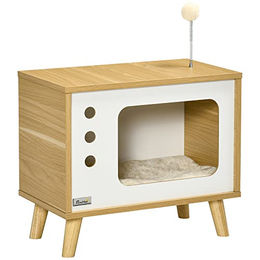 PawHut Katzenhaus im TV-Design mit Spielball und Kissen Eiche Beige Weiß 50 x 28 x 43 cm – Bild 1 von 11