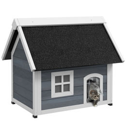 PawHut Katzenhaus Outdoor Katzenhöhle aus Holz mit Asphaltdach Grau – Bild 1 von 13