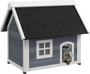 Produktbild von PawHut Katzenhaus Outdoor Katzenhöhle aus Holz mit Asphaltdach wetterfest Grau