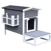 Produktbild von PawHut Katzenhaus und Hundehütte aus Tannenholz mit Terrasse in Grau und Weiß