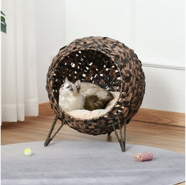 PawHut Katzenhöhle aus PE-Rattan mit Kissen und erhöhten Füßen in Braun – Bild 1 von 8