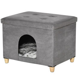 PawHut Katzenhöhle aus Plüsch als Tierbett für erwachsene Katzen in Grau – Bild 1 von 13