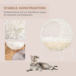 Produktbild von PawHut Katzenhöhle aus Rattan mit Kissen in Cremeweiß Ø45 x 57H cm