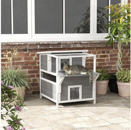 PawHut Katzenhöhle aus Tannenholz mit Balkon und Eingängen für Katzen bis 5 kg Hellgrau – Bild 1 von 13