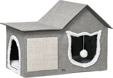 PawHut Katzenhöhle Katzenbett mit Kratzmatte, Spielball und Doppeltüren, Grau, 65 x 41 x 45,5 cm – Bild 1 von 10