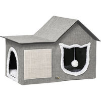 Produktbild von PawHut Katzenhöhle Katzenbett mit Kratzmatte, Spielball und Doppeltüren, Grau, 65 x 41 x 45,5 cm