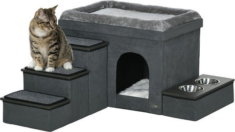 PawHut Katzenhöhle Katzenhütte mit Treppe und 2 Edelstahlnäpfen Grau 78 x 48 x 49,5 cm – Bild 1 von 13