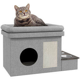 PawHut Katzenhöhle mit 2 Edelstahlnäpfen, Kissen und Kratzmatte, Katzenbett für Katzen und Hunde bis 8 kg, Grau, Polyester, 78 x 48 x 49,5 cm – Bild 1 von 13