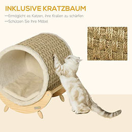 PawHut Katzenhöhle mit Kratztonne und Regal aus Holz inkl. Kissen Khaki Natur Beige 41 x 38 x 43 cm – Bild 1 von 10