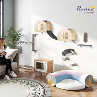 Produktbild von PawHut Katzenkletterwand Set 7-teilig mit Sisalpfosten und Höhle Grau-Eiche
