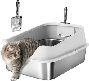 PawHut Katzenklo aus Edelstahl XL Offene Schalentoilette Silber mit Schaufel – Bild 1 von 1
