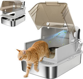 PawHut Katzenklo Edelstahl XXL Haubentoilette mit Doppeltüren und Pedal in Grau/Silber – Bild 1 von 8