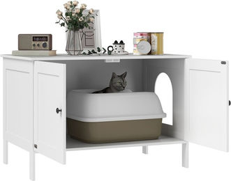Produktbild von PawHut Katzenklo-Schrank aus Holz mit Tür und Trennwand in Weiß für große Katzen 80 x 51 x 54 cm