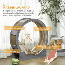 PawHut Katzenlaufrad mit Bremse und Kratzmatte, 91 cm Durchmesser, Grau – Bild 1 von 11