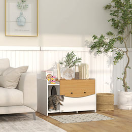 PawHut Katzenschrank für Katzentoilette aus Holz mit ausziehbarem Schrank und Streuauffangmatte in Braun oder Weiß – Bild 1 von 13