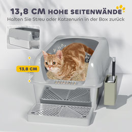 PawHut Katzentoilette aus Edelstahl XXL Offene Schalentoilette mit Schaufel und Matte Hellgrau 60 x 40 x 30 cm – Bild 1 von 5