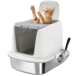 PawHut Katzentoilette mit Deckel aus Edelstahl in Weiß XL für Katzen – Bild 1 von 13