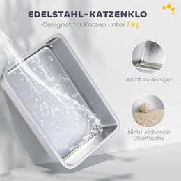 PawHut Katzentoilette mit Deckel und Haube aus Edelstahl in Weiß und Silber inklusive Streuschaufel und Deodorierungsbeutel – Bild 1 von 12