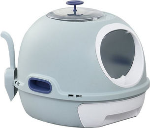 PawHut Katzentoilette mit Haube und Katzenklappe aus Kunststoff in Blau oder Grau – Bild 1 von 6