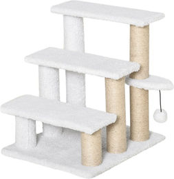 PawHut Katzentreppe mit Kratzbaum und Ball 3-stufige Haustiertreppe aus Plüsch und Jute in Weiß 45 x 40 x 48 cm – Bild 1 von 6