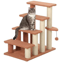 PawHut Katzentreppe mit Kratzbaum und Ball, 4-stufige Haustiertreppe aus Plüsch und Jute, Braun – Bild 1 von 13