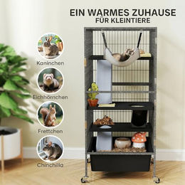 PawHut Kleintierkäfig 4-stöckiger Nagerkäfig mit ausziehbarem Tablett Rampen und Hängematte für Frettchen Chinchillas und Eichhörnchen Grau 52 x 52 x 115 cm – Bild 1 von 13