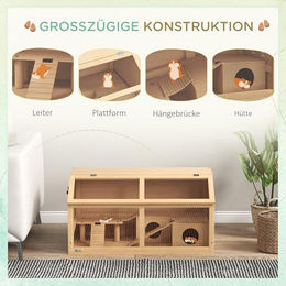 PawHut Kleintierkäfig aus Holz für Hamster und Zwerghamster mit Hütte und Zubehör 85 x 45 x 44 cm Natur – Bild 1 von 12