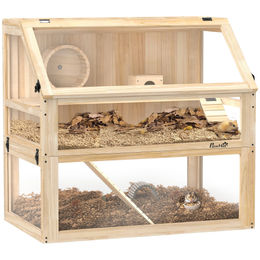 PawHut Kleintierkäfig aus Holz mit 3 Etagen für Hamster und Zwerghamster 80 x 50 x 76 cm Naturholz – Bild 1 von 11
