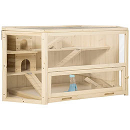 PawHut Kleintierkäfig aus Tannenholz für Hamster und Mäuse mit Rampe und Wippe Natur 115 x 60 x 55 cm – Bild 1 von 9