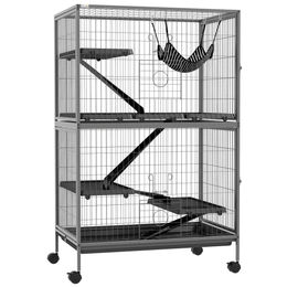 PawHut Kleintierkäfig mit Hängematte und Rollen für Chinchillas, Eichhörnchen und Zwerghamster, Grau, 80 x 52 x 128 cm – Bild 1 von 13