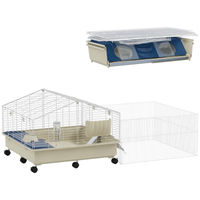 Produktbild von PawHut Kleintierkäfig mit Laufstall für Kaninchen Meerschweinchen und Igel in Weiß mit Wasserflasche Heufütterung Futterschale und Rampe