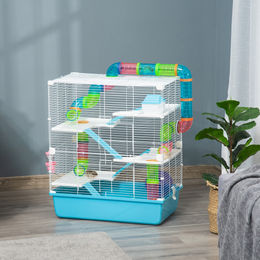 PawHut Kleintierkäfig Nagerkäfig für Hamster und Mäuse mit Rampe und Laufrad in Blau-Weiß – Bild 1 von 6
