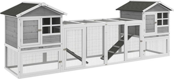 PawHut Kleintierstall aus Holz für Kaninchen und Meerschweinchen mit 2 Etagen, Freilaufgehege und Rampe, 259 x 64 x 92 cm – Bild 1 von 8