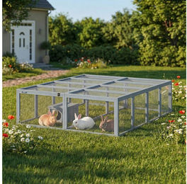PawHut Kleintierstall aus Holz für Kaninchen und Meerschweinchen mit 2 Türen und Unterschlupfhaus Grau 180,4 x 150 x 48 cm – Bild 1 von 3