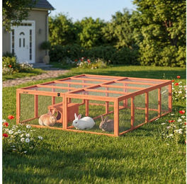 PawHut Kleintierstall aus Holz für Kaninchen und Meerschweinchen mit 2 Türen und Unterschlupfhaus Orange 180,4x150x48 cm – Bild 1 von 3