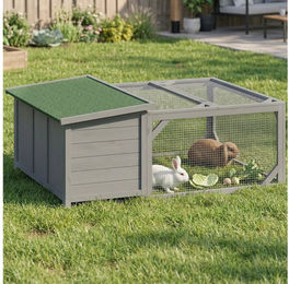 PawHut Kleintierstall aus Holz für Kaninchen und Meerschweinchen mit Bitumendach in Grau 125,5 x 100 x 49 cm – Bild 1 von 5
