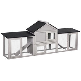 PawHut Kleintierstall aus Holz für Kaninchen und Meerschweinchen mit Bitumendach und Freilaufgehege Grau 210 x 45,5 x 84,5 cm – Bild 1 von 12