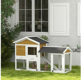 PawHut Kleintierstall aus Holz für Kaninchen und Meerschweinchen mit Bitumendach und Rampe Gelb 147x54x84 cm – Bild 1 von 5