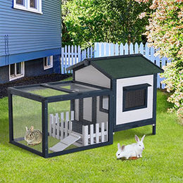 PawHut Kleintierstall aus Holz für Kaninchen und Meerschweinchen mit Freigehege und Zaun in Grün-Weiß – Bild 1 von 5