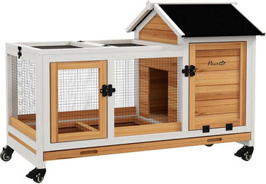 PawHut Kleintierstall aus Holz für Kaninchen und Meerschweinchen mit Freilaufgehege, Klappdach und Rädern, Gelb, 108 x 58 x 73,5 cm – Bild 1 von 8