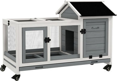 Produktbild von PawHut Kleintierstall aus Holz mit Freilaufgehege und Klappdach in Grau für Kaninchen und Meerschweinchen