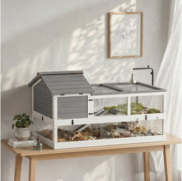 PawHut Kleintierstall aus Holz mit zwei Haupthäusern und aufklappbarer Oberseite für Schildkröten, Geckos und Meerschweinchen, Grau, 116 x 70,5 x 69,5 cm – Bild 1 von 3