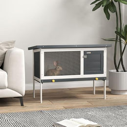 PawHut Kleintierstall aus Massivholz für Kaninchen mit Teerpappe-Dach Grau Weiß 90 x 45 x 65 cm – Bild 1 von 8