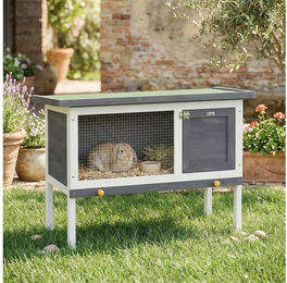 PawHut Kleintierstall für Kaninchen aus Holz mit Asphaltdach und Schublade Grau 90x45x65 cm – Bild 1 von 5