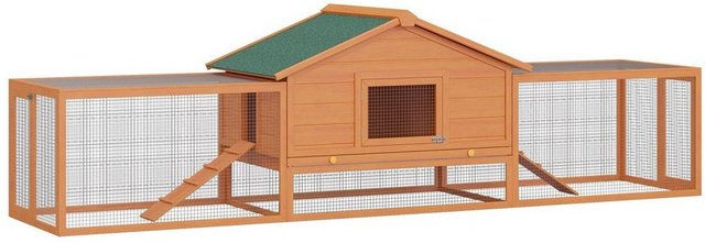 PawHut Kleintierstall für Kaninchen aus Tannenholz mit Seitengehege Braun Natur 79 x 86 x 309 cm – Bild 1 von 5