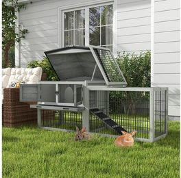 PawHut Kleintierstall mit Freigehege aus Tannenholz für Kaninchen und Meerschweinchen in Grau, 150 cm x 52 cm x 68 cm – Bild 1 von 2