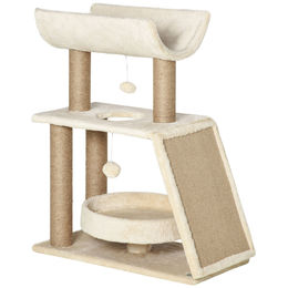PawHut Kratzbaum Aktivitätscenter aus Holz und Plüsch mit Sisal-Elementen und Hängeball hellbraun 60 x 30 x 76 cm – Bild 1 von 1
