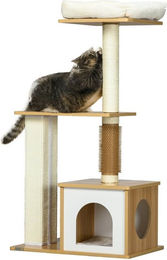 PawHut Kratzbaum aus Holz mit Katzenhöhle in Eiche und Beige 114 cm hoch – Bild 1 von 3